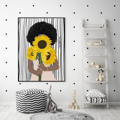 50cmx70cm African Woman Sunflower Black Frame Canvas Wall Art