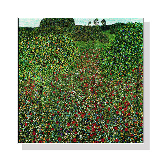 50cmx50cm Field of Poppies by Gustav Klimt White Frame Canvas Wall Art