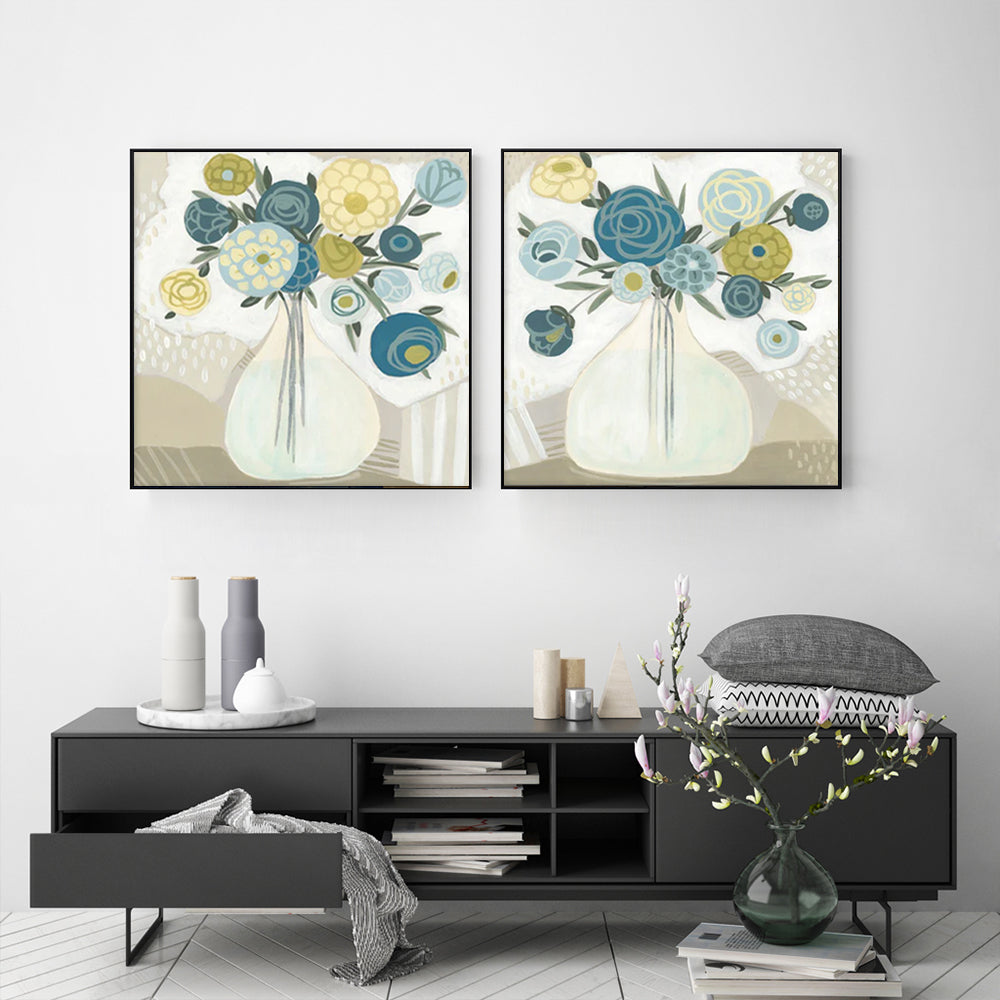 50cmx50cm Blue Bouquet 2 Sets Black Frame Canvas Wall Art