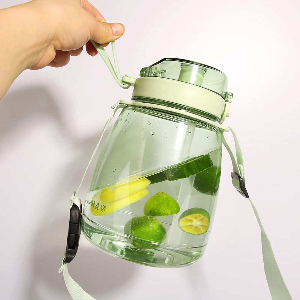 Clear Large Water Bottle Water Jug with Adjustable Shoulder Strap - Green