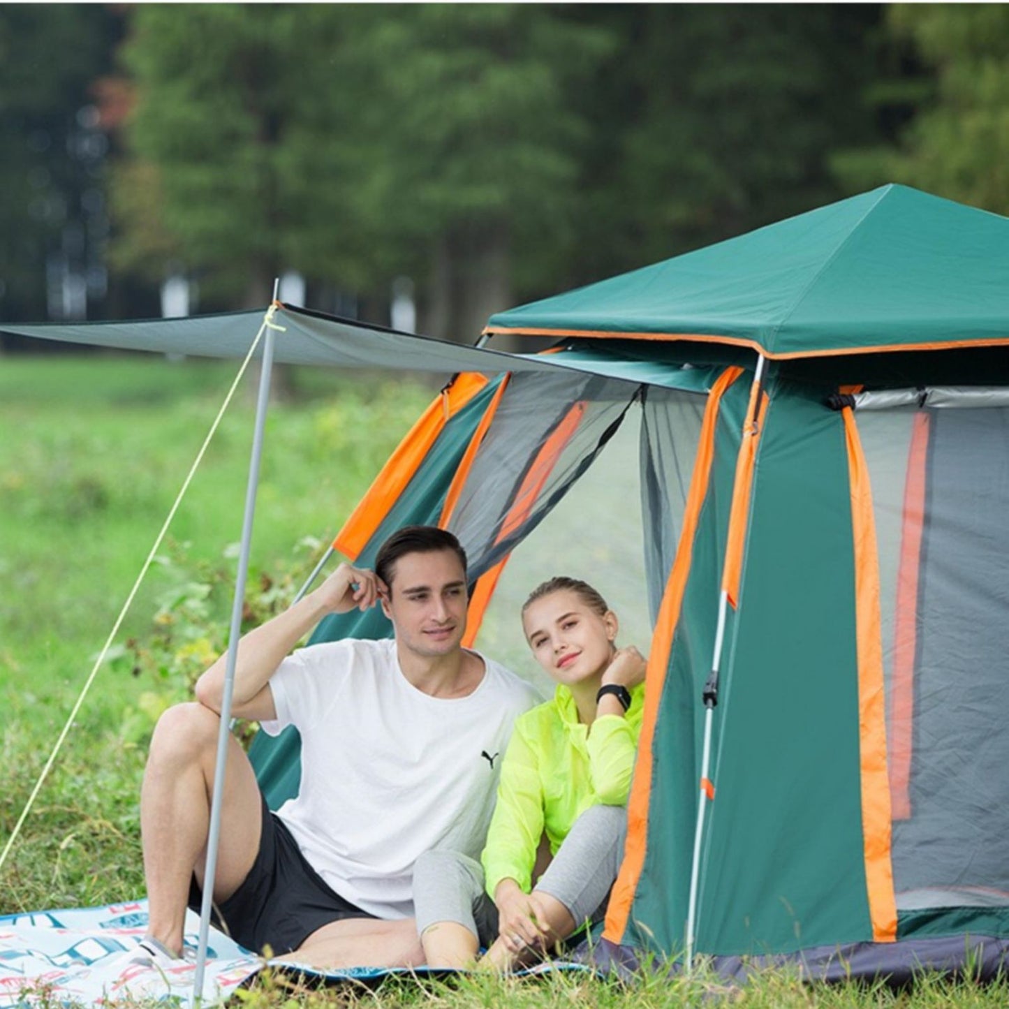 Instant Pop Up Tent For Hiking 2/3/4 Person Camping Tents, Waterproof Windproof Family Tent With Top Rainfly, Easy Set Up, Portable With Carry Bag, With UV Protection  / GREEN-ORANGE