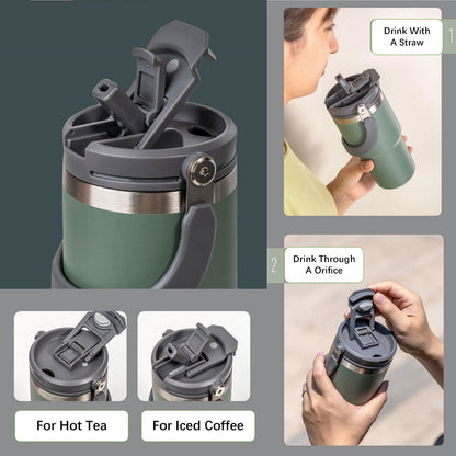 750ML Green Stainless Steel Travel Mug with Leak-proof 2-in-1 Straw and Sip Lid, Vacuum Insulated Coffee Mug for Car, Office, Perfect Gifts, Keeps Liquids Hot or Cold