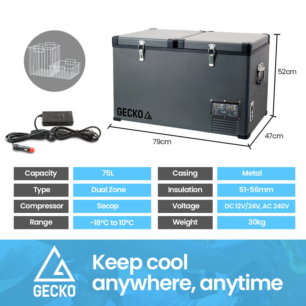 GECKO 75L Dual Zone Portable Fridge / Freezer, SECOP Compressor, for Camping, Car, Caravan