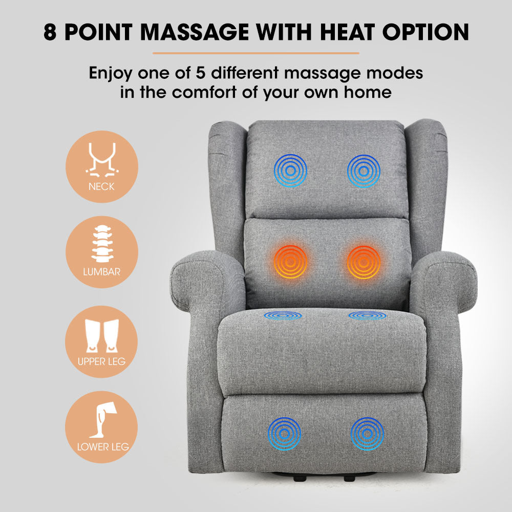 FORTIA Electric Recliner Lift Heat Chair for Elderly, Massage, Heat Therapy, Aged Care, Grey