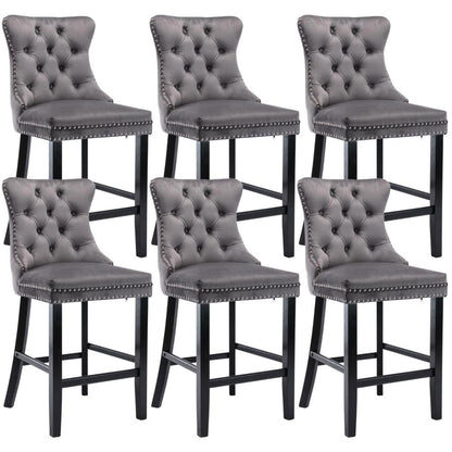 6X Velvet Bar Stools with Studs Trim Wooden Legs Tufted Dining Chairs Kitchen