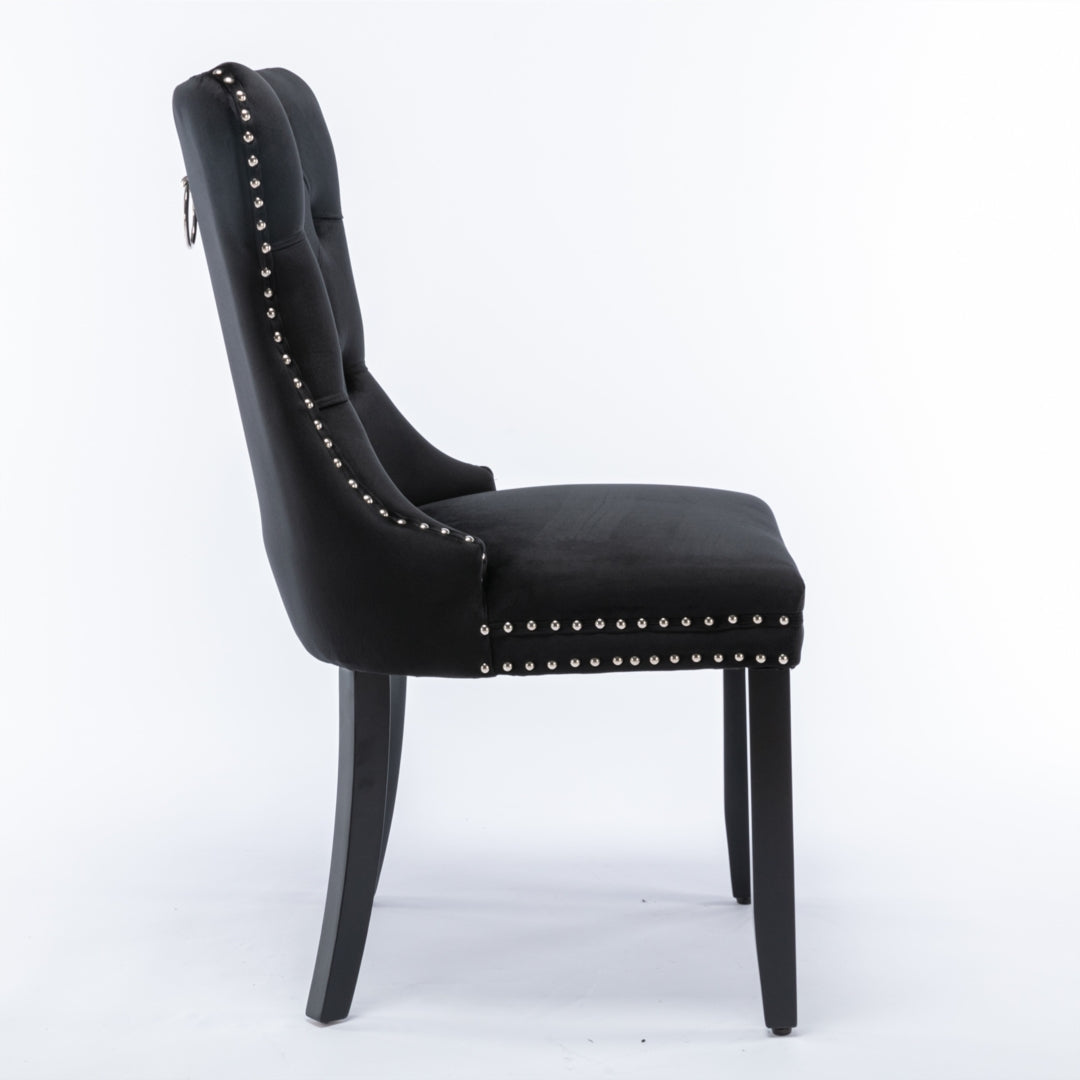 6x Velvet Dining Chairs Upholstered Tufted Kithcen Chair with Solid Wood Legs Stud Trim and Ring-Black