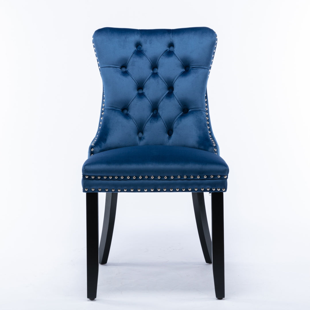 6x Velvet Dining Chairs Upholstered Tufted Kithcen Chair with Solid Wood Legs Stud Trim and Ring-Blue