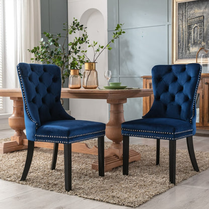 8x Velvet Dining Chairs Upholstered Tufted Kithcen Chair with Solid Wood Legs Stud Trim and Ring-Blue