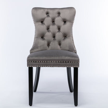 4x Velvet Dining Chairs Upholstered Tufted Kithcen Chair with Solid Wood Legs Stud Trim and Ring-Gray