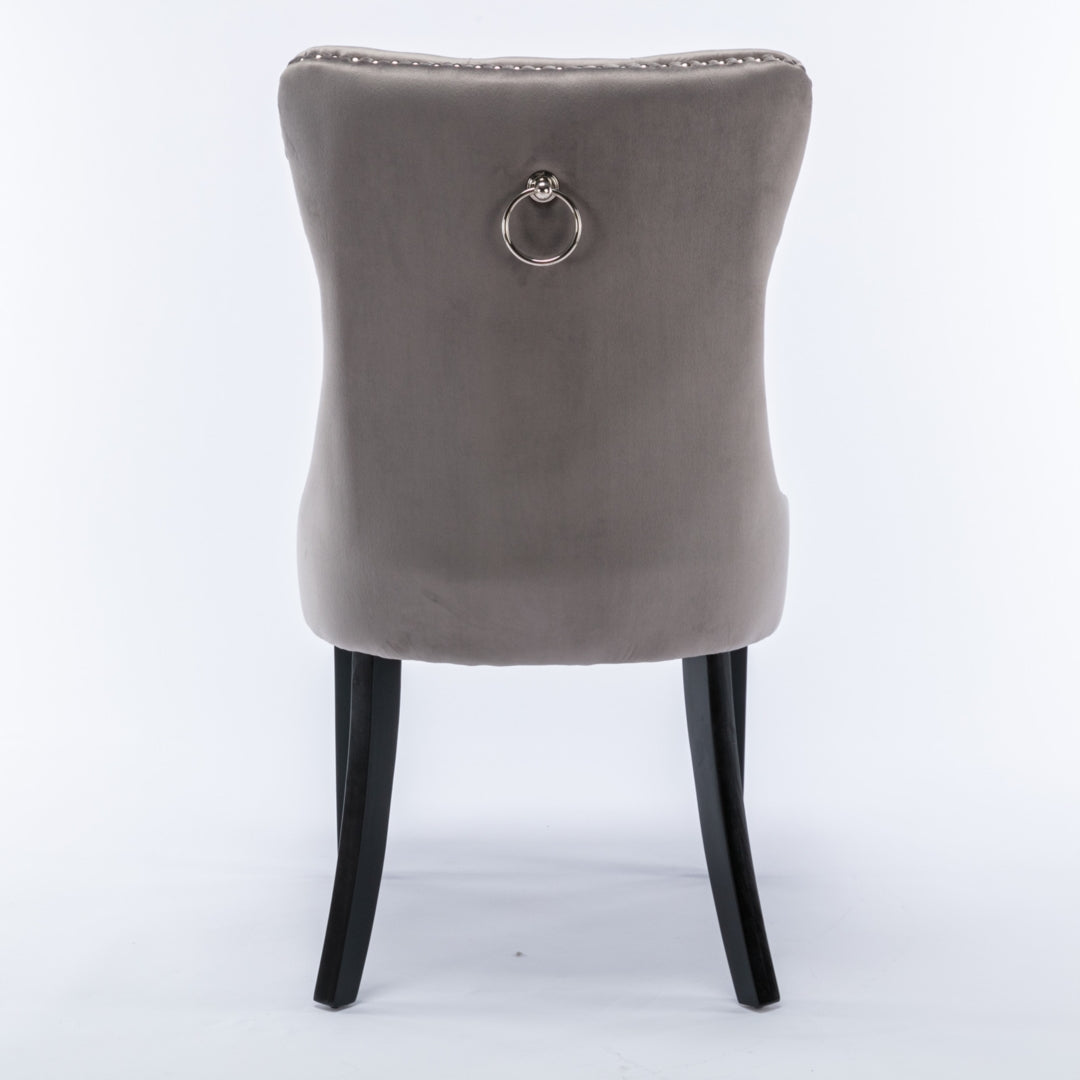 6x Velvet Dining Chairs Upholstered Tufted Kithcen Chair with Solid Wood Legs Stud Trim and Ring-Gray