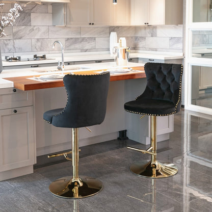 4x Height Adjustable Swivel Bar Stool Velvet Studs Barstool with Footrest and Golden Base- Black