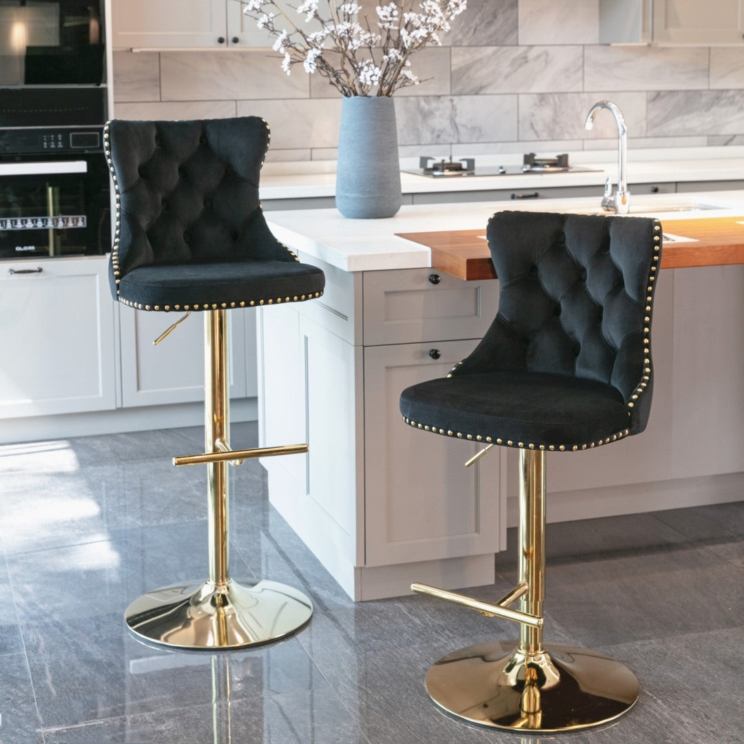 2x Height Adjustable Swivel Bar Stool Velvet Studs Barstool with Footrest and Golden Base- Black