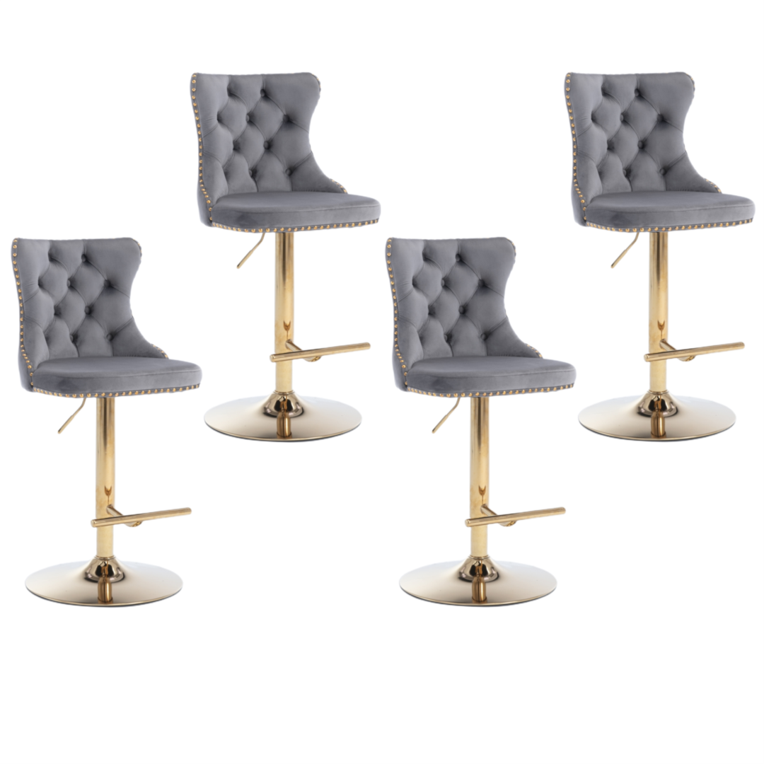 4x Height Adjustable Swivel Bar Stool Velvet Studs Barstool with Footrest and Golden Base- Grey