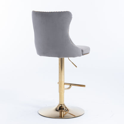 4x Height Adjustable Swivel Bar Stool Velvet Studs Barstool with Footrest and Golden Base- Grey