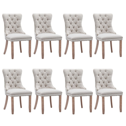 8x AADEN Modern Elegant Button-Tufted Upholstered Linen Fabric with Studs Trim and Wooden legs Dining Side Chair-Beige