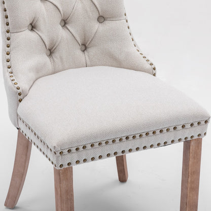 8x AADEN Modern Elegant Button-Tufted Upholstered Linen Fabric with Studs Trim and Wooden legs Dining Side Chair-Beige