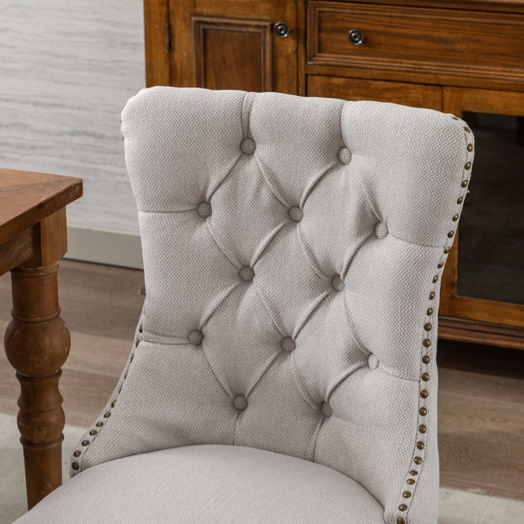 AADEN Modern Elegant Button-Tufted Upholstered Fabric with Studs Trim and Wooden legs Dining Side Chair-Beige