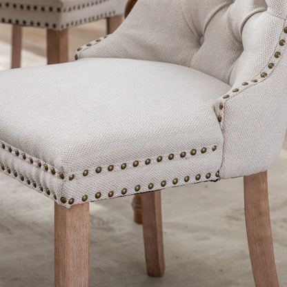 AADEN Modern Elegant Button-Tufted Upholstered Fabric with Studs Trim and Wooden legs Dining Side Chair-Beige