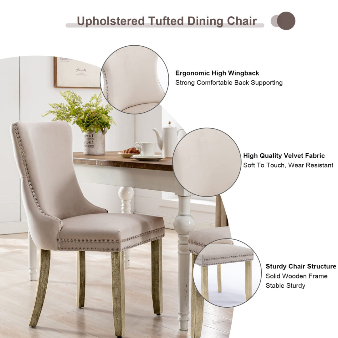 4x Velvet Upholstered Dining Chairs Tufted Wingback Side Chair with Studs Trim Solid Wood Legs for Kitchen