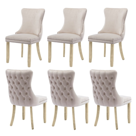 6x Velvet Upholstered Dining Chairs Tufted Wingback Side Chair with Studs Trim Solid Wood Legs for Kitchen