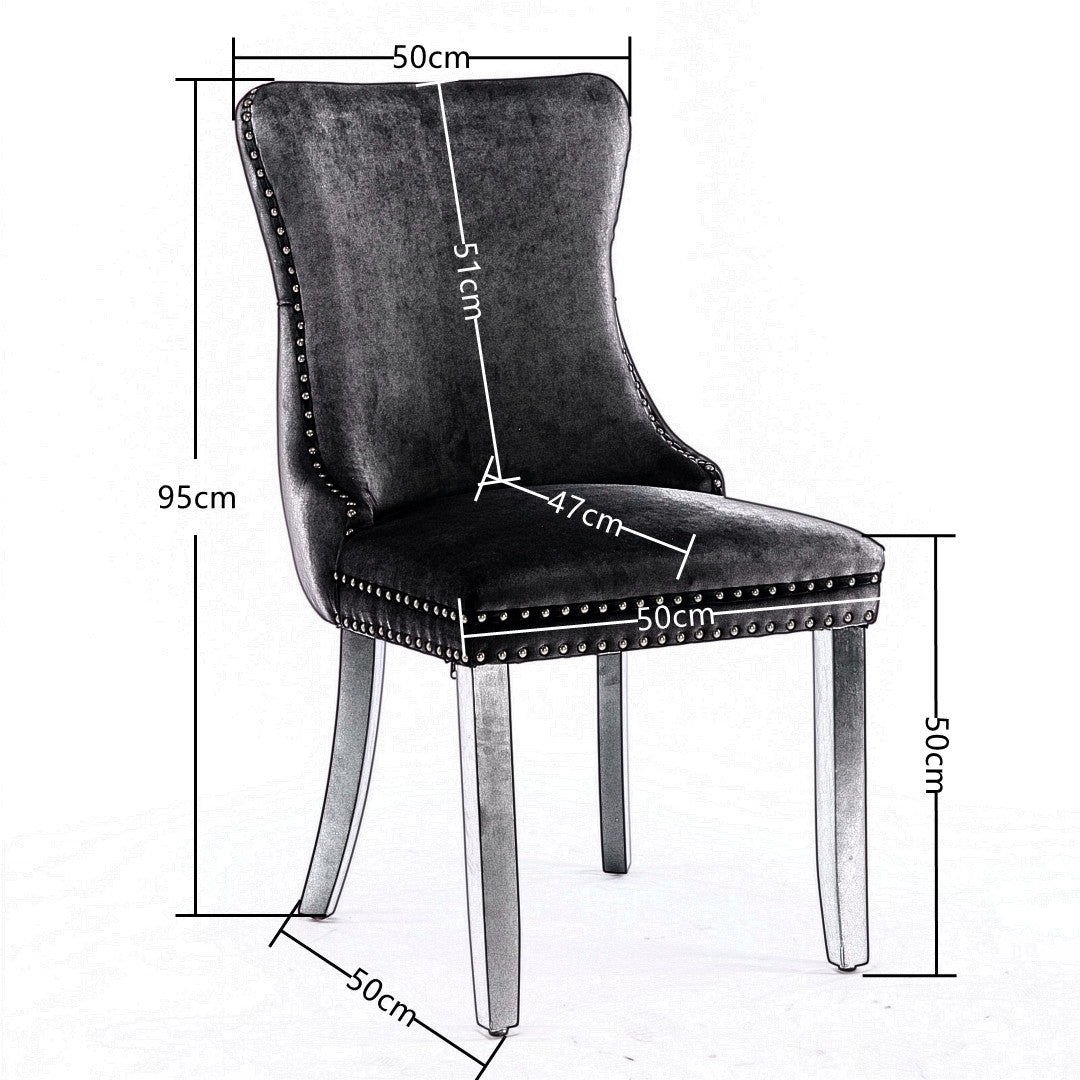 4x Velvet Upholstered Dining Tufted Chairs with Studs Trim and Solid Wood Legs-Black