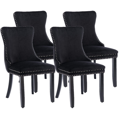 4x Velvet Upholstered Dining Tufted Chairs with Studs Trim and Solid Wood Legs-Black