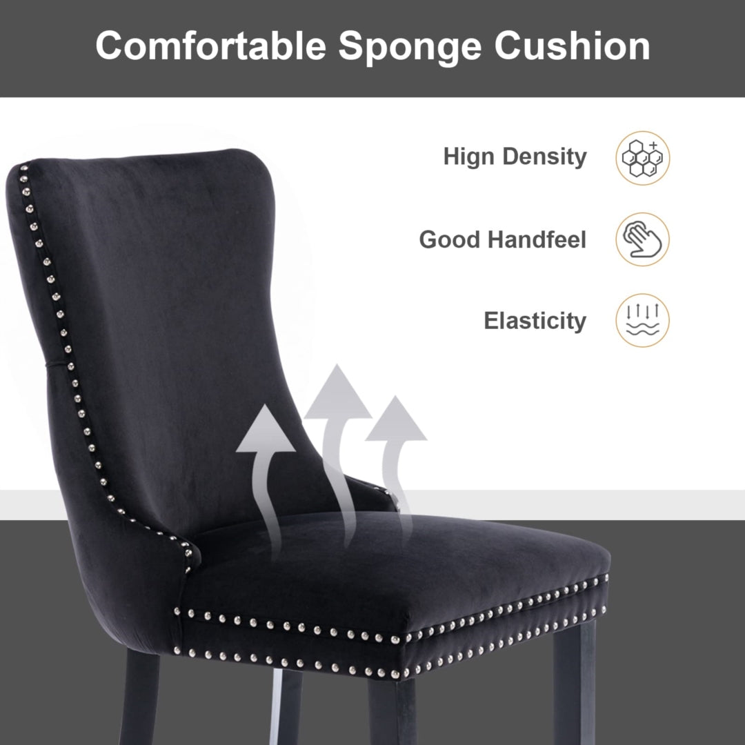 4x Velvet Upholstered Dining Tufted Chairs with Studs Trim and Solid Wood Legs-Black