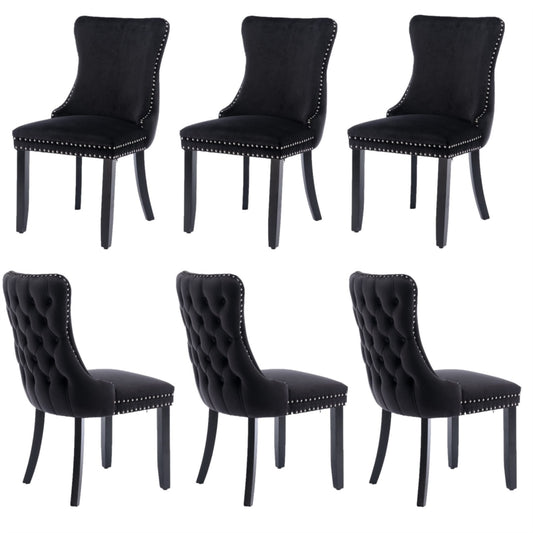 6x Velvet Upholstered Dining Chairs Tufted Wingback Side Chair with Studs Trim Solid Wood Legs for Kitchen