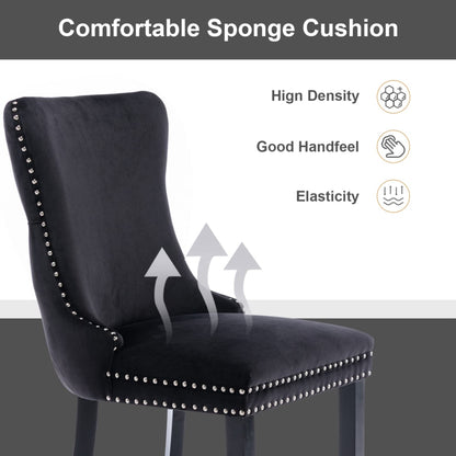 6x Velvet Upholstered Dining Tufted Chairs with Studs Trim and Solid Wood Legs-Black