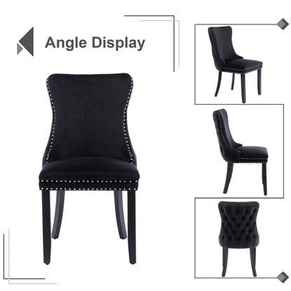 6x Velvet Upholstered Dining Tufted Chairs with Studs Trim and Solid Wood Legs-Black