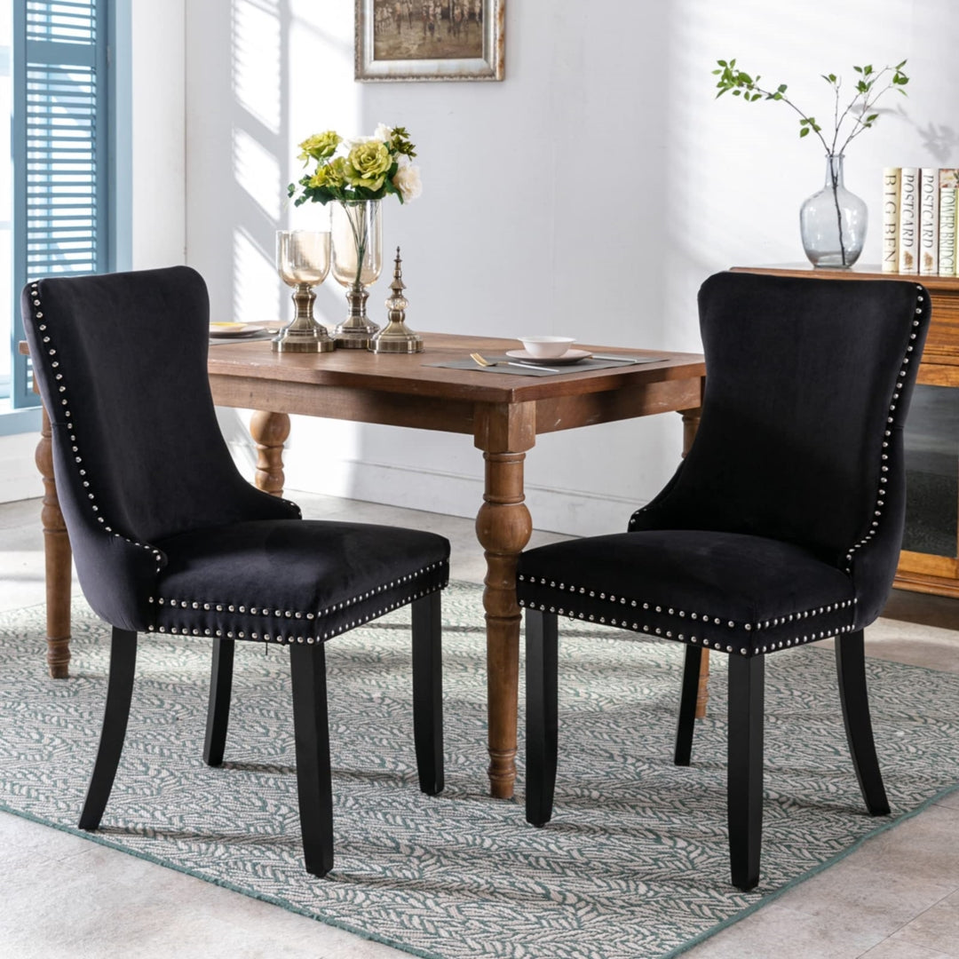 6x Velvet Upholstered Dining Tufted Chairs with Studs Trim and Solid Wood Legs-Black