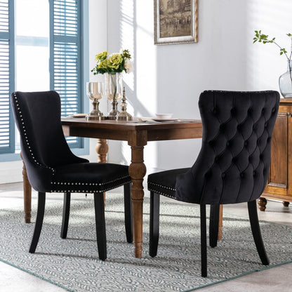 8x Velvet Upholstered Dining Tufted Chairs with Studs Trim and Solid Wood Legs-Black