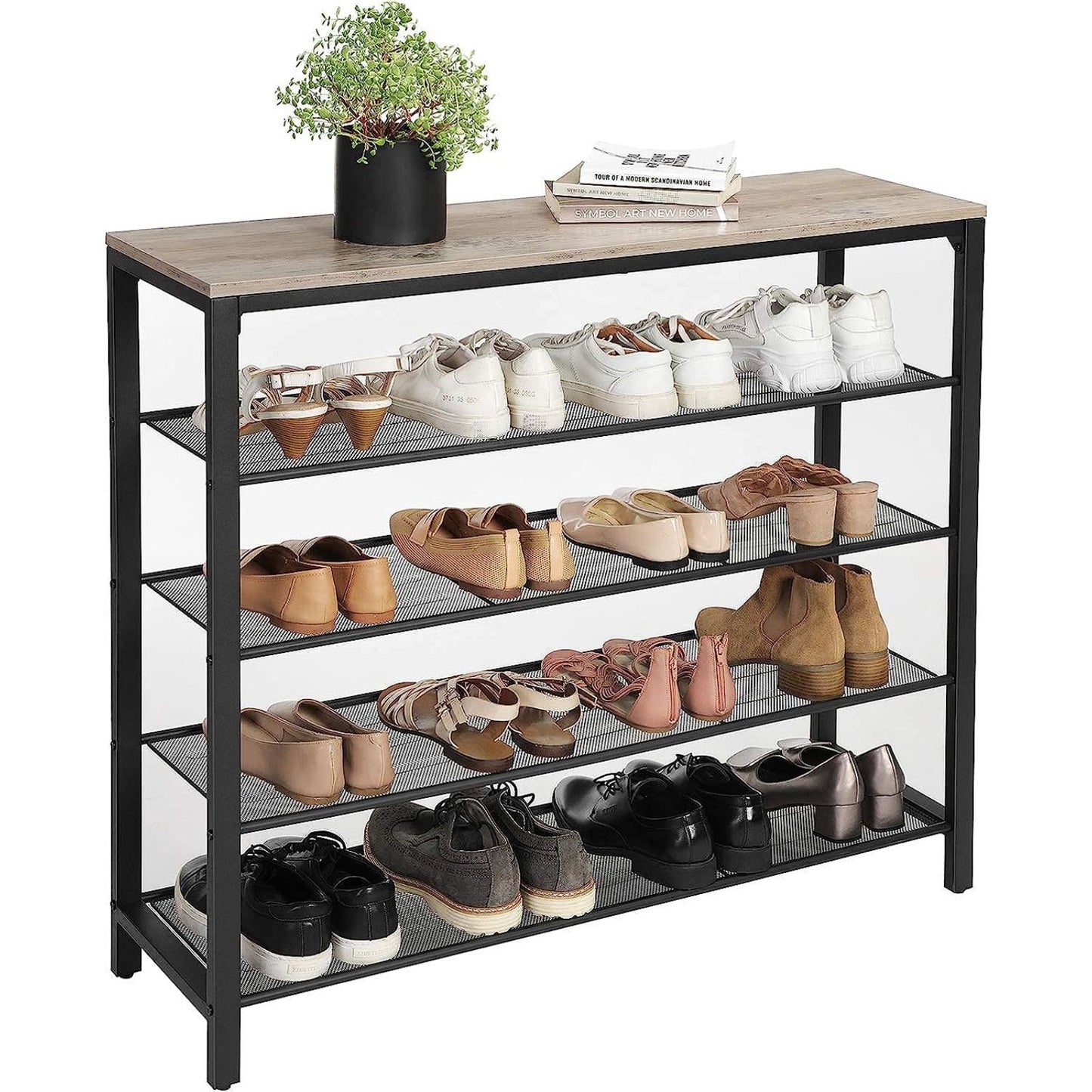 VASAGLE INDESTIC Shoe Rack Organizer with 4 Mesh Shelves Industrial Greige and Black