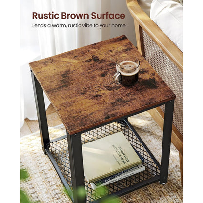 VASAGLE Side Table with Mesh Shelf Rustic Brown and Black