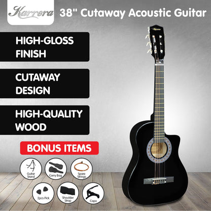 Karrera 38in Pro Cutaway Acoustic Guitar with Carry Bag - Black