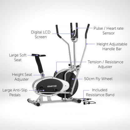 Powertrain 3-in-1 Elliptical Cross Trainer Exercise Bike with Resistance Bands