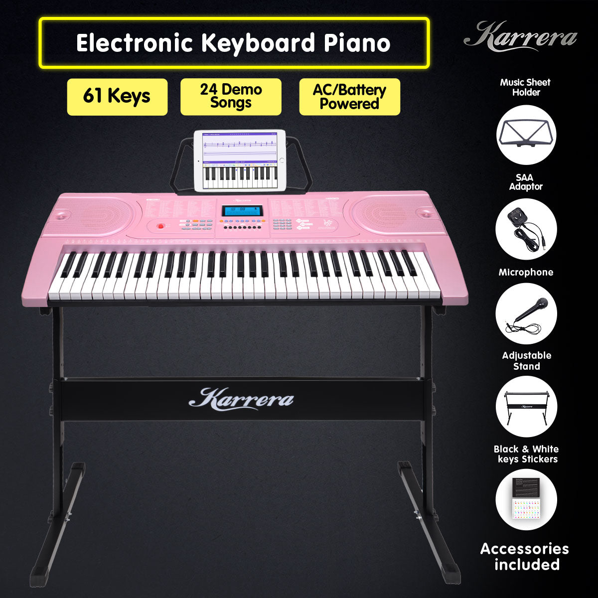 Karrera 61 Keys Electronic Keyboard Piano Music with Stand - Pink