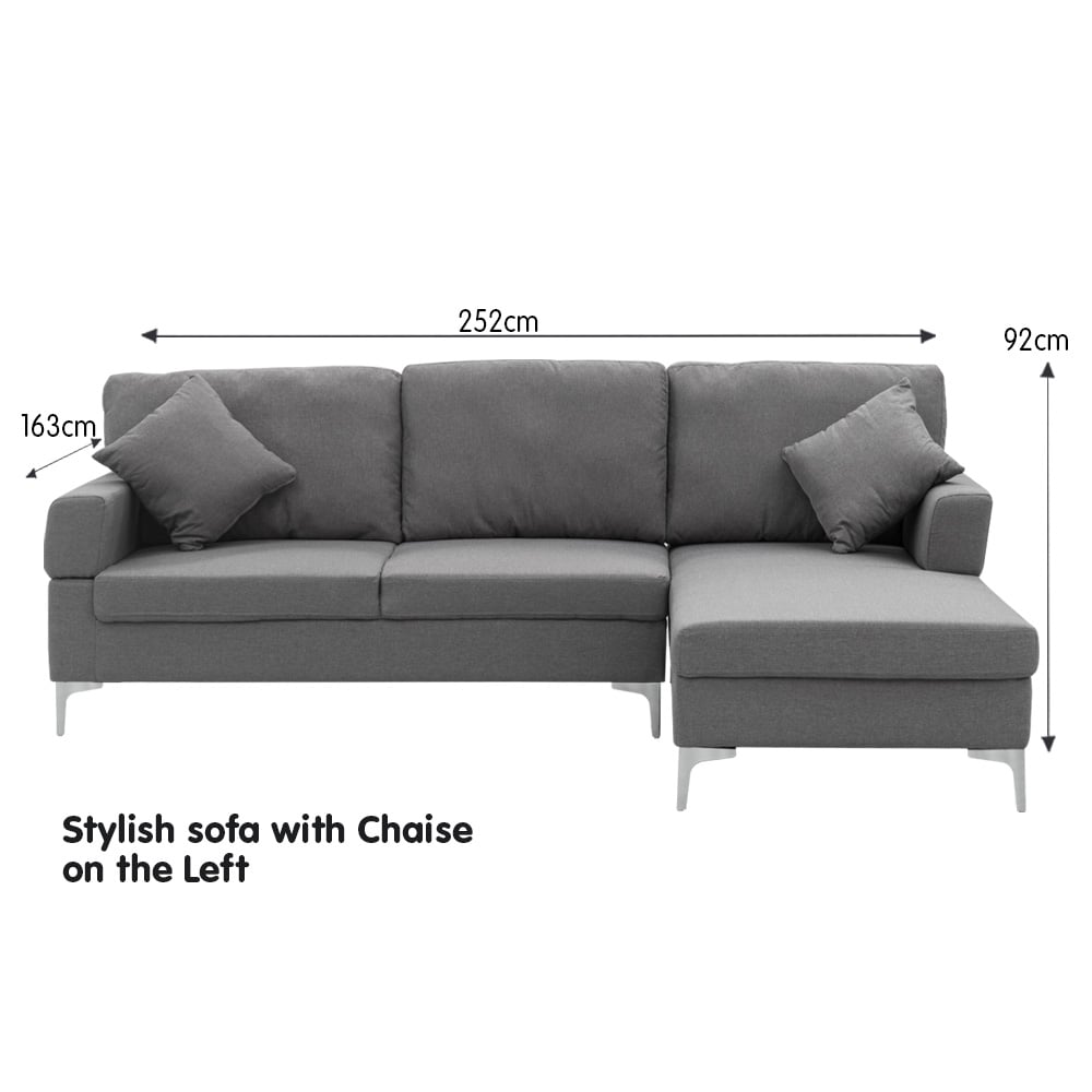 Sarantino 3 Seater Linen Fabric Sofa Lounge Left Side Chaise Couch Furniture Dark Grey L-shaped