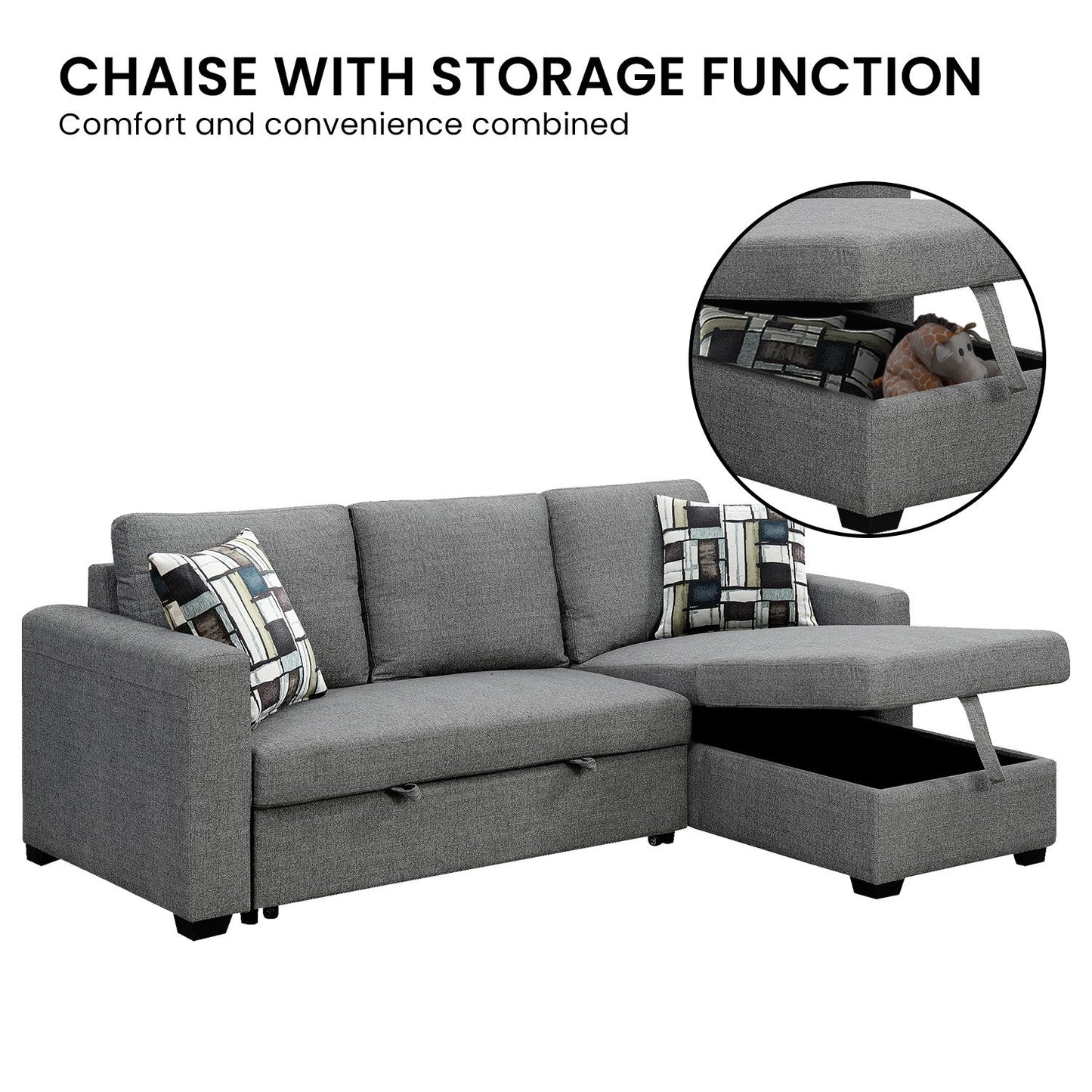 Sarantino Fontana Pullout Sofa Bed with Storage Chaise Lounge faux linen fabric - Grey