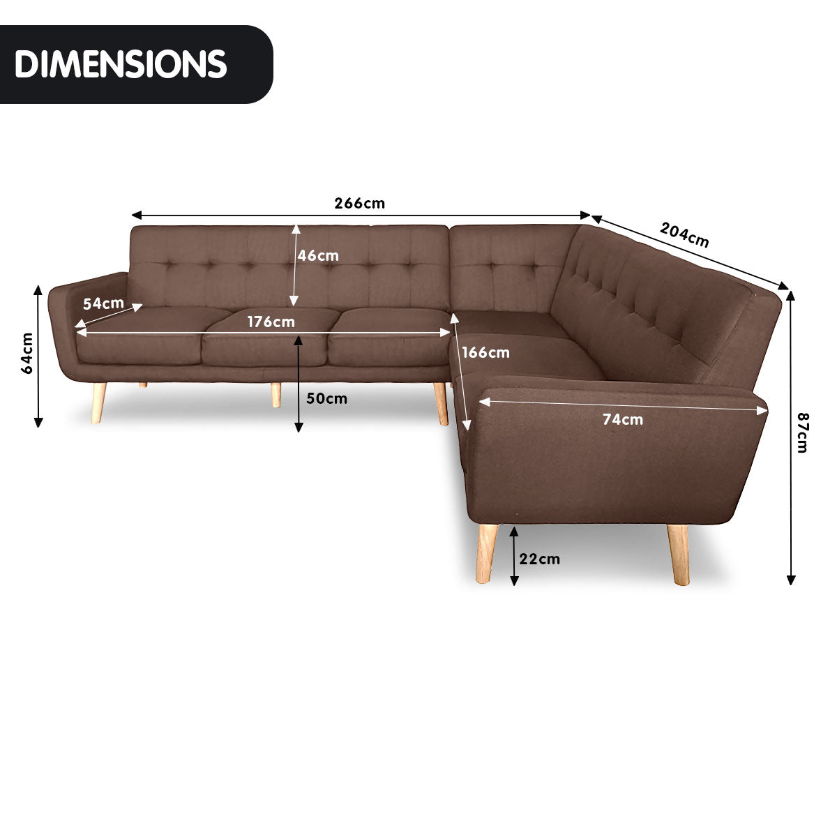 Sarantino Faux Linen Fabric Corner Wooden Sofa Lounge L-shaped with Chaise - Brown