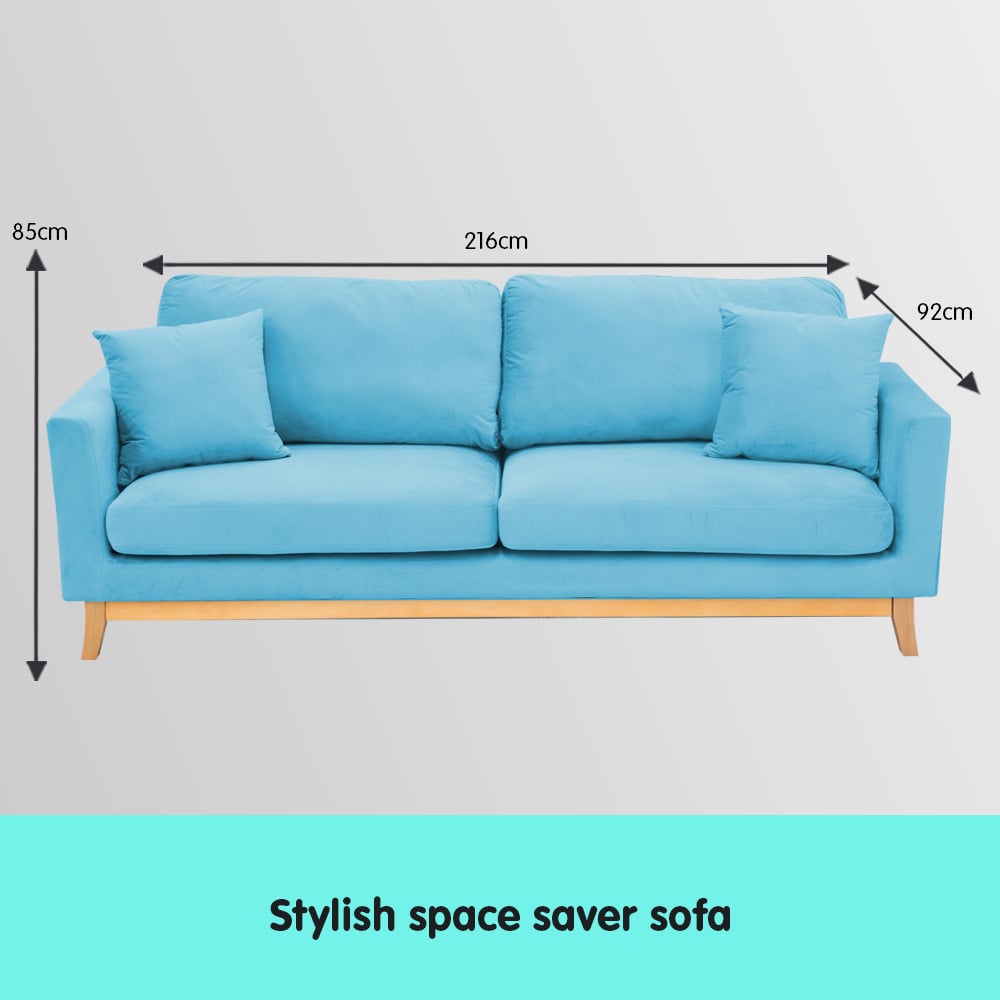 Sarantino 3 Seater Faux Velvet Fabric Wooden Sofa Bed Couch Furniture - Blue