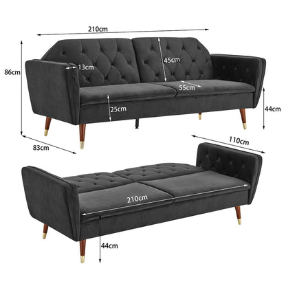 Sarantino Faux Velvet Fabric Tufted Sofa Bed Couch Futon - Black