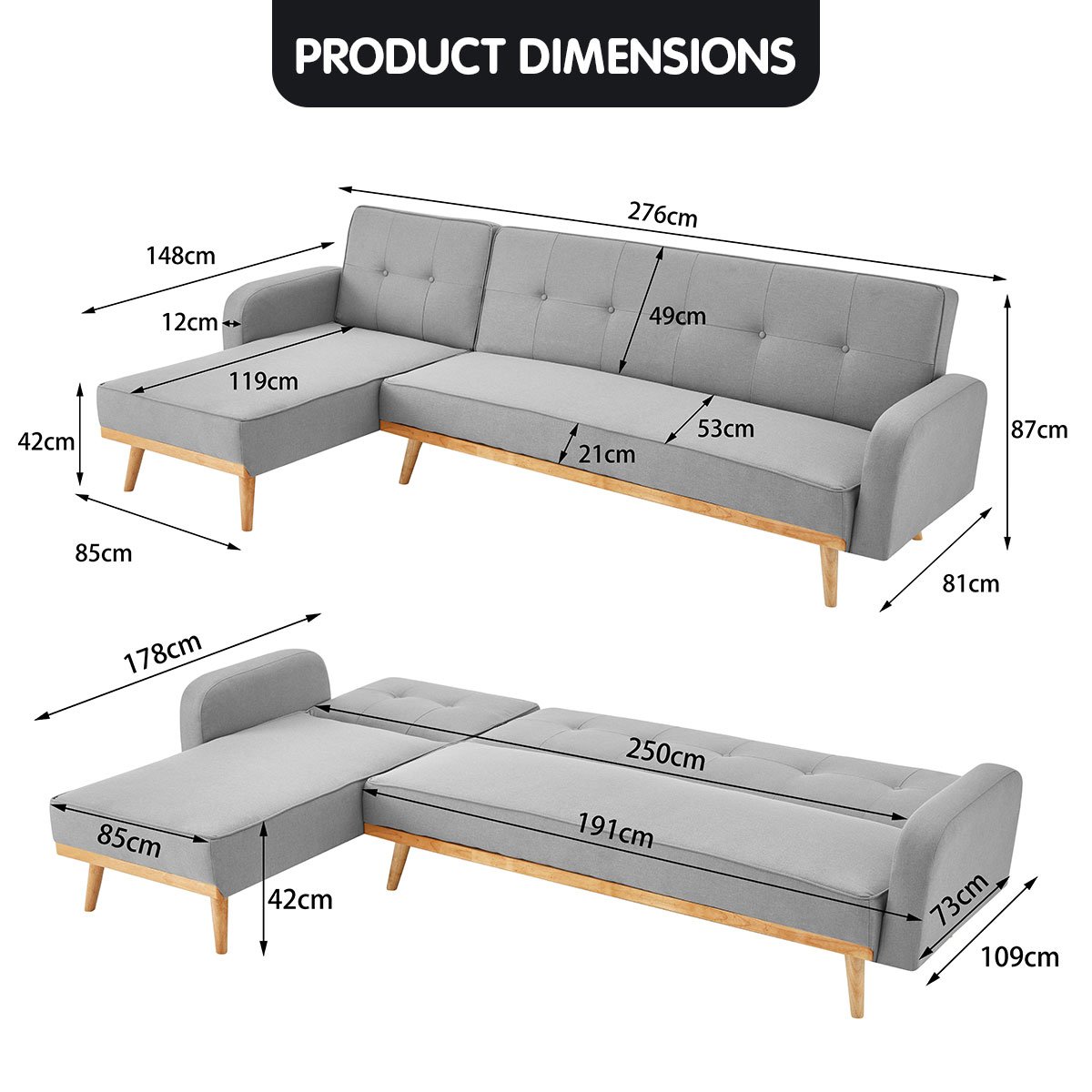 Sarantino 3-Seater Corner Sofa Bed with Chaise Lounge faux linen fabric- Light Grey