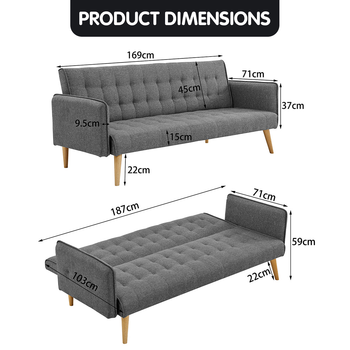 Sarantino 3 Seater Modular Linen Fabric Sofa Bed Couch Armrest Grey