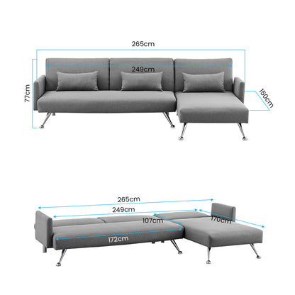 Sarantino Mia 3-Seater Corner Sofa Bed Chaise and Pillows Dark faux linen fabric Grey