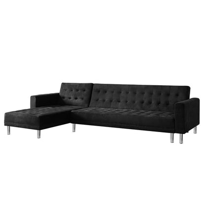 Sarantino Faux Velveteen Fabric Corner Wooden Sofa Bed Couch with Chaise Black