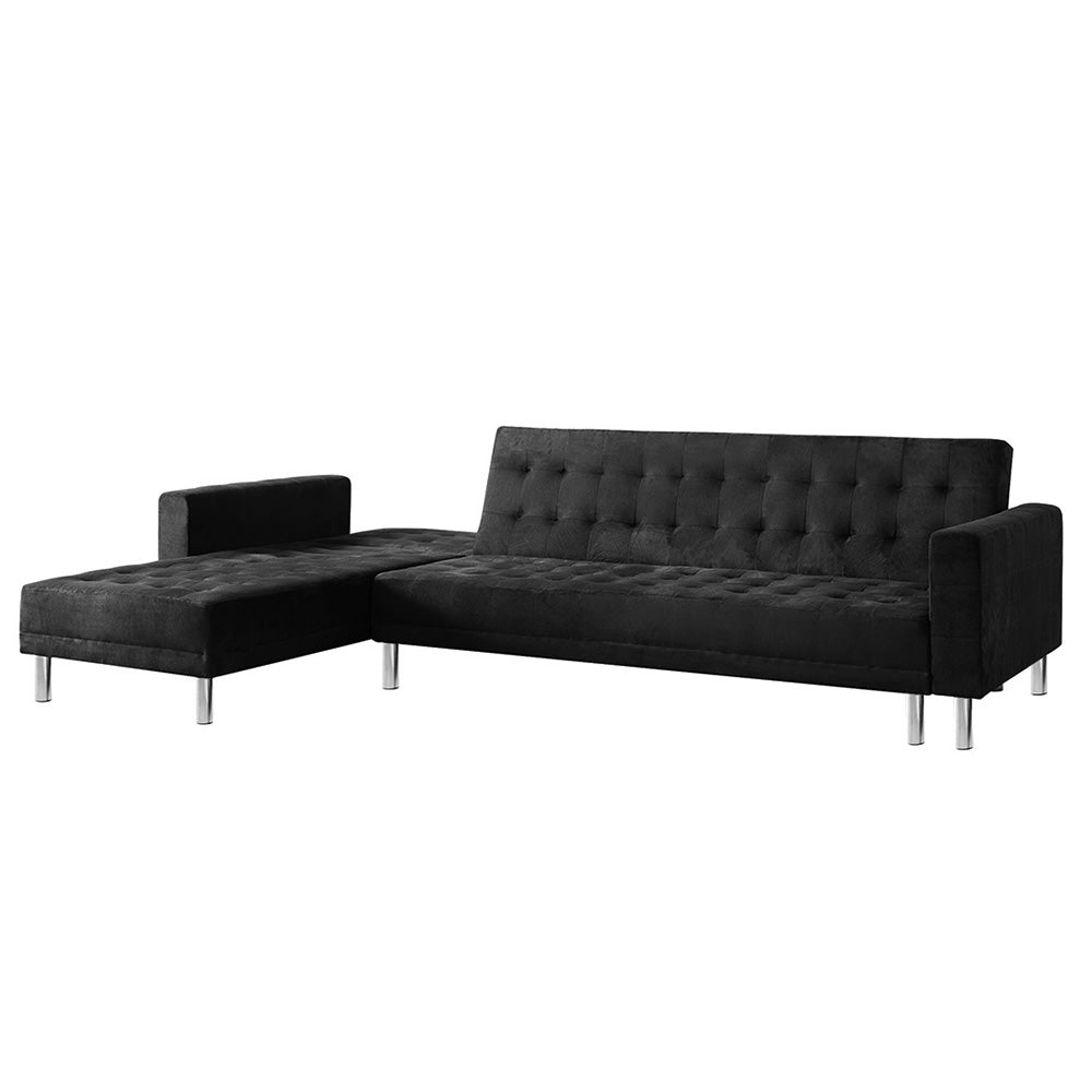 Sarantino Faux Velveteen Fabric Corner Wooden Sofa Bed Couch with Chaise Black