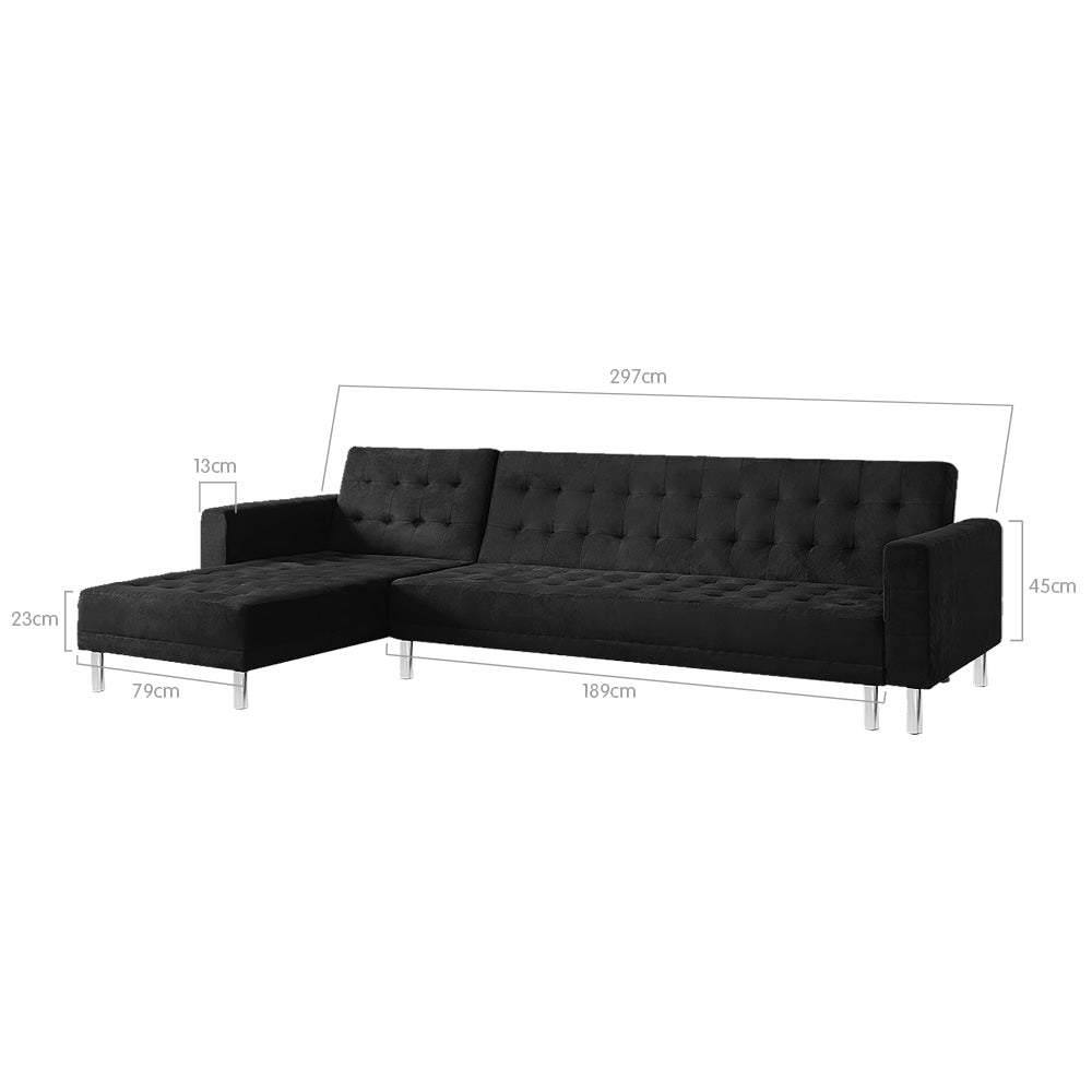 Sarantino Faux Velveteen Fabric Corner Wooden Sofa Bed Couch with Chaise Black