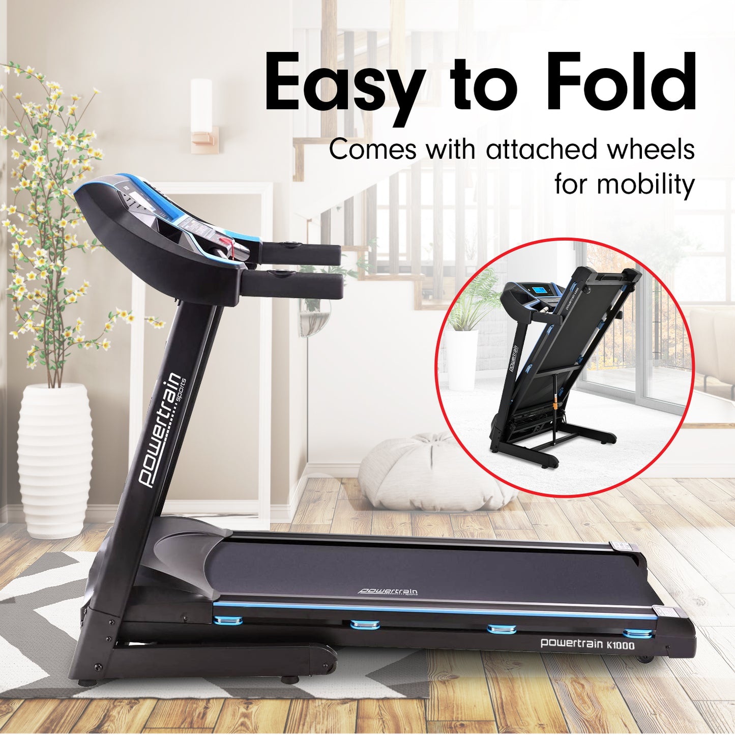 Powertrain K1000 Foldable Treadmill with Incline for Home Gym Cardio