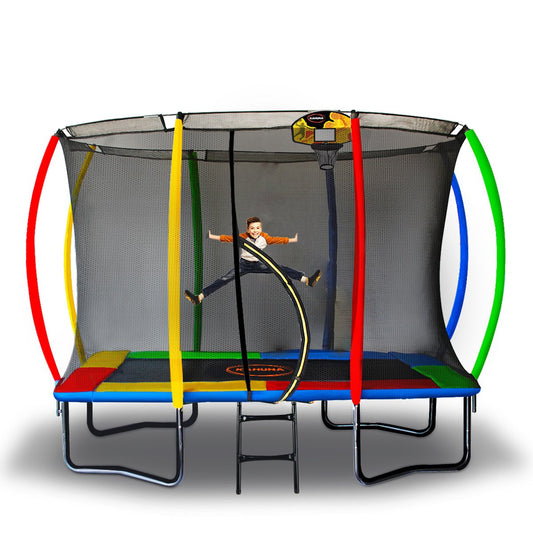 Kahuna 8ft x 11ft Outdoor Rectangular Rainbow Trampoline With Safety Enclosure And Basketball Hoop Set.